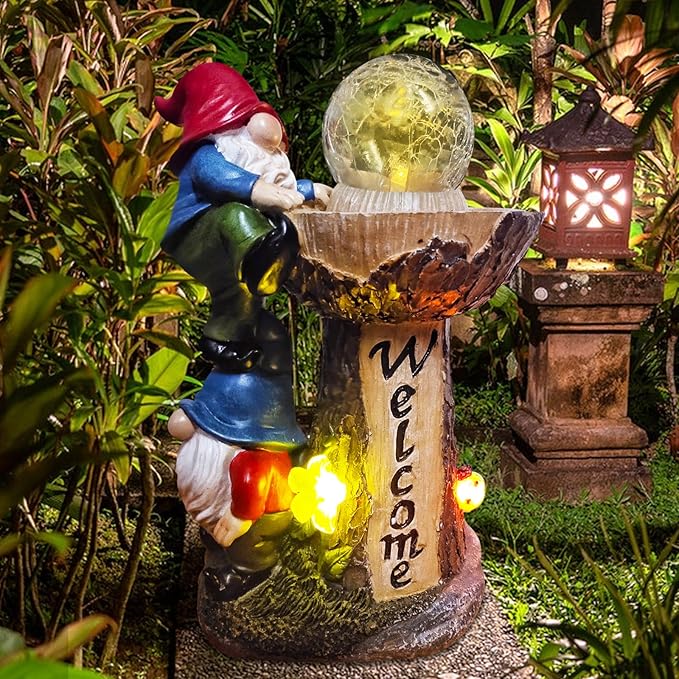 Garden Gnome Statues, Garden Statues for Outside with Solar LED Lights,10.4 in Funny Double Gnomes Sculptures Outdoor Decorations for Yard, Ideal Gnomes Gifts for Women/Grandma/Mom
