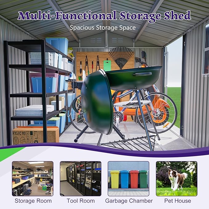10X8 FT Outdoor Storage Shed,Metal Shed W/Window,Floor Frame & Lockable Swing Door,Garden Tool House W/ 4 Air Vents & Sloped Roof,for Backyard Patio Lawn,Gray