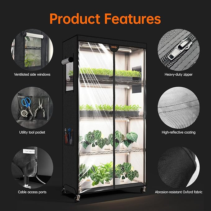 Bstrip Indoor Greenhouse with Grow Light, Plant Stand with 4 Pack 24W Full Spectrum Plant Lights , Plant Shelf with Tent for Indoor Plant, Seed Starting, Seed Tray, 29.5"x13.8"x59"