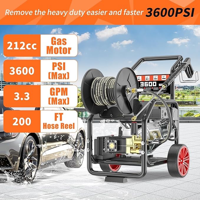 3600PSI Gas Pressure Washer with Hose Reel, One-Button Start 212cc 7HP 4-Cycle Engine, 3.3 GPM Heavy Duty Power Washer with 50FT 3/8" Hose, Spray Gun & Wand, 5 Quick Connect Nozzles