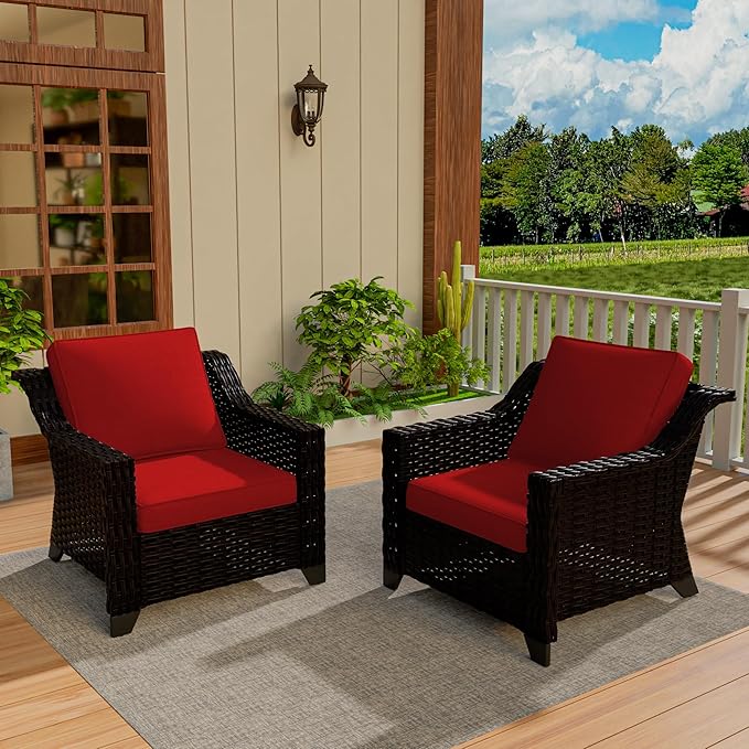 Vista Vibe 2 Pieces Outdoor Armchairs, Patio Conversation Furniture Set, Washable Cushions, Luxurious Hand-Woven PE Rattan, Garden, Bistro, Deck, Backyard (Brown/Red)