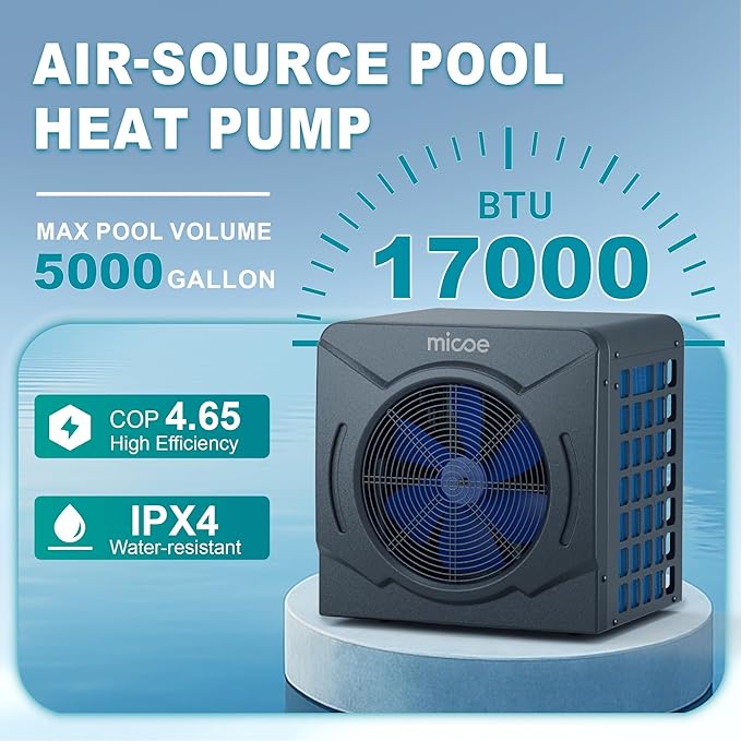 MICOE 17000 BTU Energy Efficient Electric Pool Heat Pump for Above Ground Pools Up to 15ft (8/11/15ft) & 5,000 Gallons, Swimming Pool Heater with Easy Install Kit,110V/120V