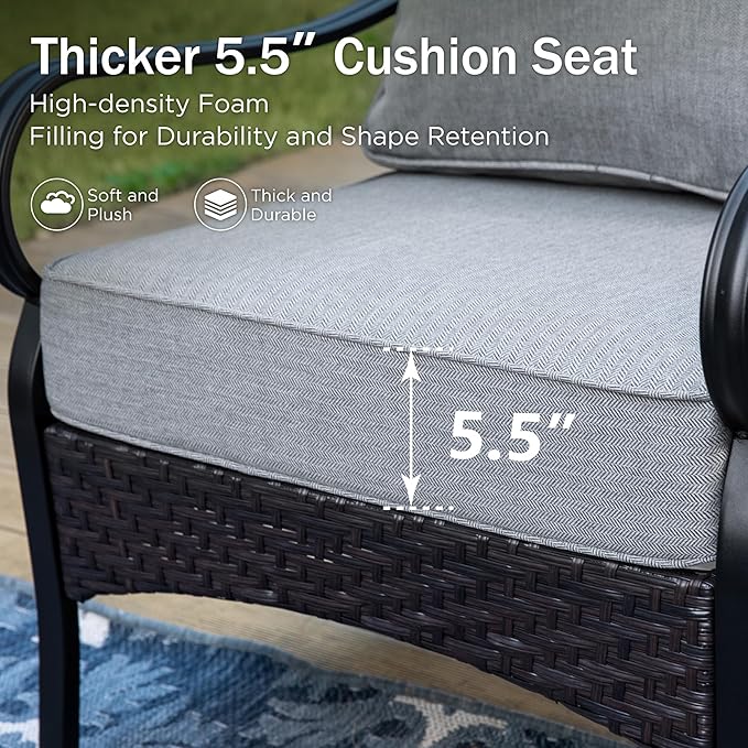 PHI VILLA Outdoor Porch Furniture Set, Upgraded Wicker&Metal Deep Seating Patio Furniture Conversation Set with Waterproof Thick Cushions for Balcony, Deck, and Yard (4 Pieces,Grey)
