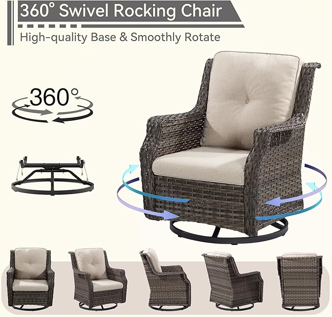 5-Piece Patio Furniture Set Includes 4 Swivel Rocker Chair and 1 Fire Pit, Wicker Conversation Set with Cushion Beige