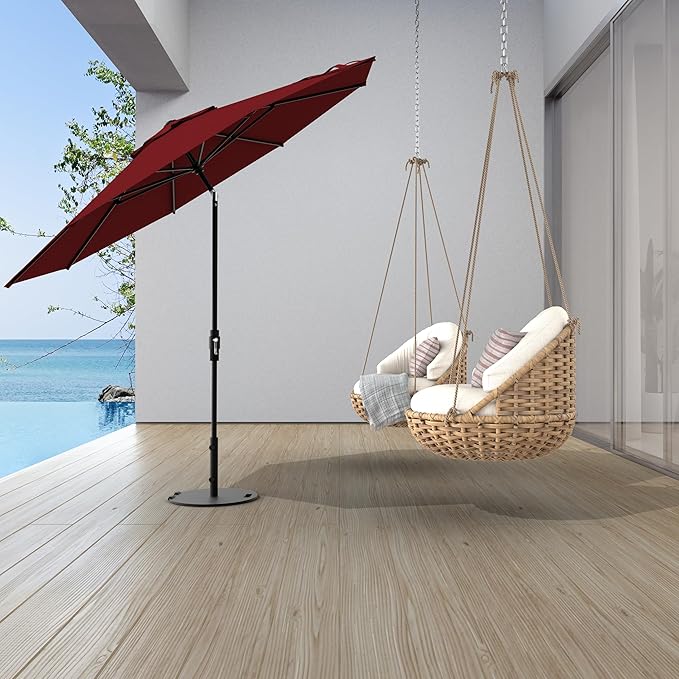 Midtown Umbrellas The Swilt 8 Feet Patio Umbrella in Sunbrella Burgundy Acrylic Fabric - Fiberglass Ribs, Auto-Tilt Aluminum Frame For Backyard, Deck, Garden, Pool - White Pole