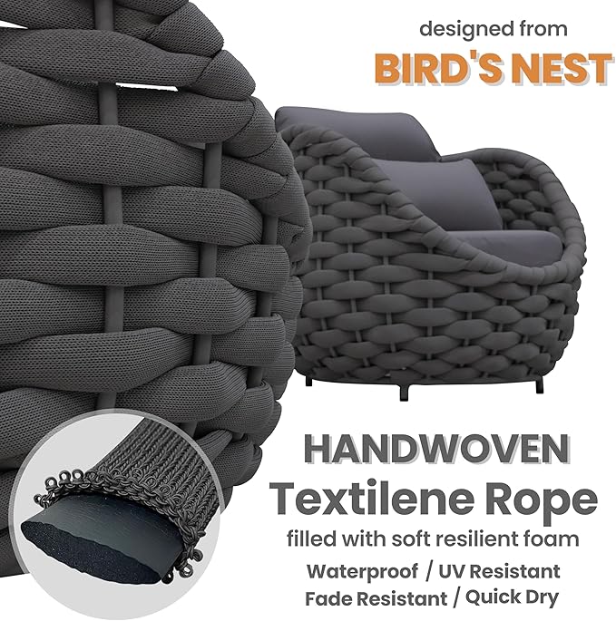 Front Porch Accent Chair: Aluminum Woven Rope Armchair Assembled - Cushioned Patio Single Chair w/Arms Modern - All Weather Balcony Furniture for 400lbs Outdoor Yard Deck Pool Hotel, Dark Gray