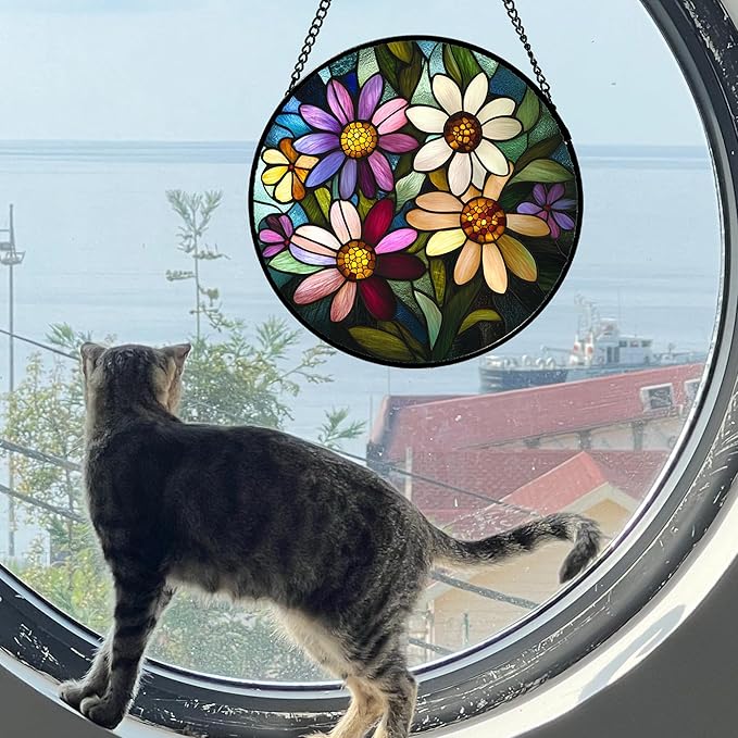 Stained Glass Window Hanging - Colorful Daisies Suncatcher for Door Garden Patio Retro Flower Sun Catchers Decor Christmas Mother's Day Birthday Gifts for Women Mom Nana Aunt Friend 11.8 in