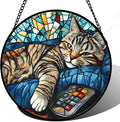 Stained Glass Window Hanging Gray Cat and Remote Control Large 11.8" - Suncatcher Door Garden Kitchen Sun Catcher Home Decor Birthday for Lost Pets Mom Men Woman Friend Grandma
