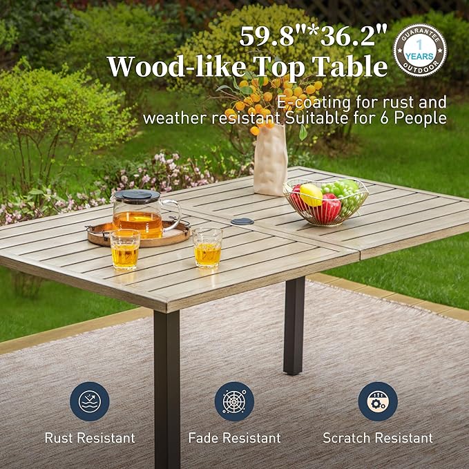 7 Piece Patio Dining Sets for 6, Outdoor Table and Chairs with Cushioned Wicker Patio Dining Chairs & Wood-Like Dining Table (1.61-2”Umbrella Hole), Outdoor Dining Sets for Backyard
