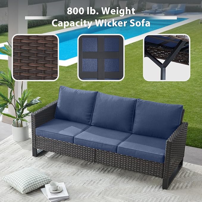 4 Piece Wicker Patio Furniture with Fire Pit Table - Outdoor Conversation Set with 50,000 BTU Fire Pit, All Weather Rattan Patio Set for Deck Backyard Garden - Brown Wicker Blue Cushion