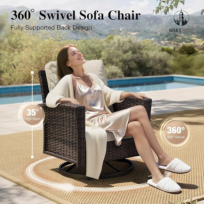 HERA'S HOUSE Patio Furniture Set with 35" High Back Swivel Chairs, Outdoor Wicker Conversation Sofa Sets, 5.5" Thick Cushions for Deck Lawn Poolside Backyard, Beige