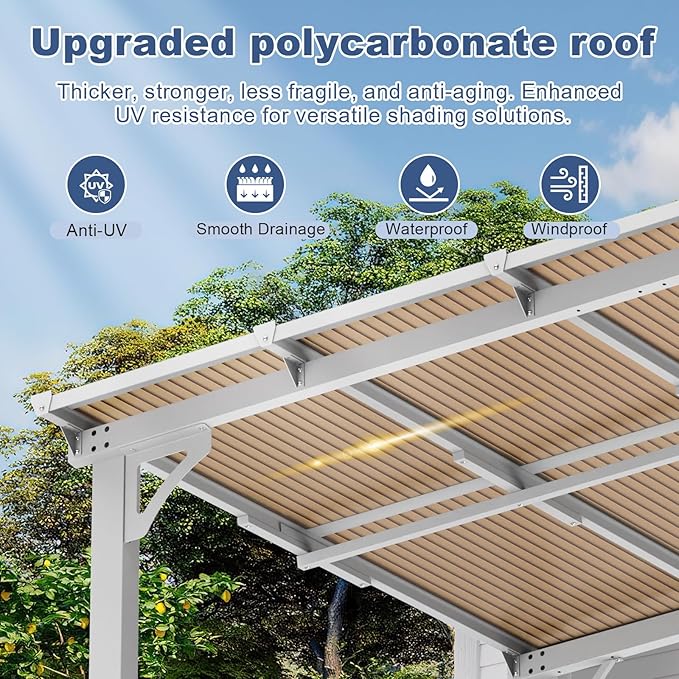 MEISSALIVVE 12' x 20' Wall Mounted Gazebo, Outdoor BBQ Grill Gazebo with Side Shelf, Lean to Metal Awnings with Sloped Roof, Heavy Duty Pergola for Backyard, Deck, White
