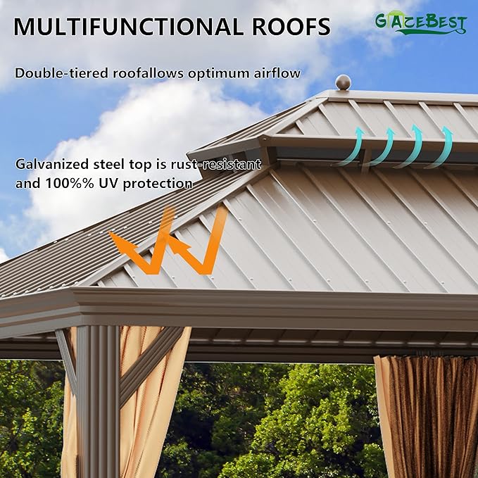 12' X 22' Hardtop Gazebo Outdoor Aluminum Patio Gazebo Double Roof Galvanized Steel Canopy Wooden Finish Coated with Netting and Curtains for Garden, Backyard, Deck and Lawns