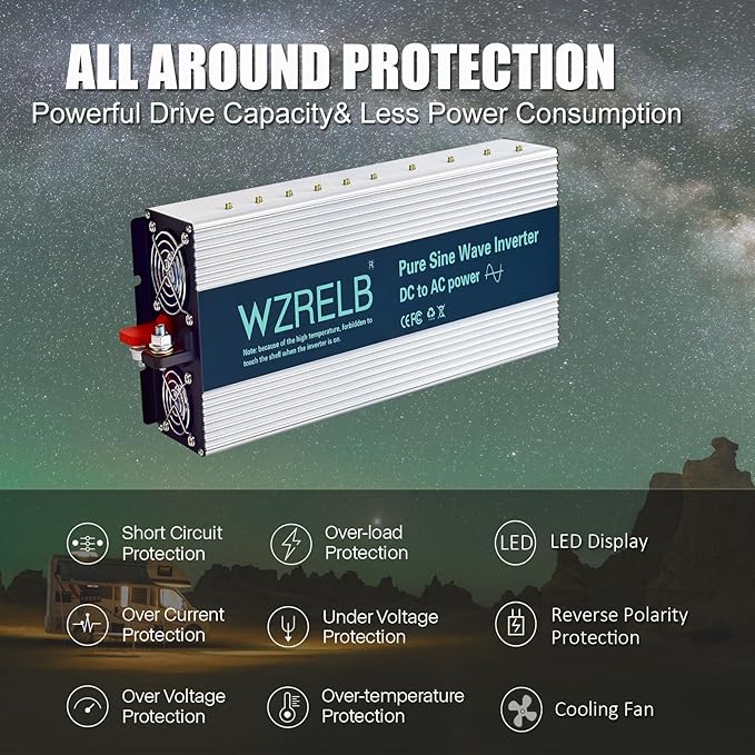 WZRELB 3500W Pure Sine Wave Inverter 36V DC to 110V 120V AC Power Converter with LED Display, Hardwire Terminal,Off-Grid Portable Power Inverter with Dual AC Outlets for Home, RV, Truck, Camping