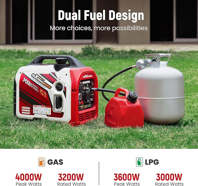 maXpeedingrods 4000 Watt Dual Fuel Inverter Generator with Bluetooth® Control Start and Display, RV Ready, Electric Start, Quiet for Outdoor Camping, Home Backup, Garden，PGMA Compliant