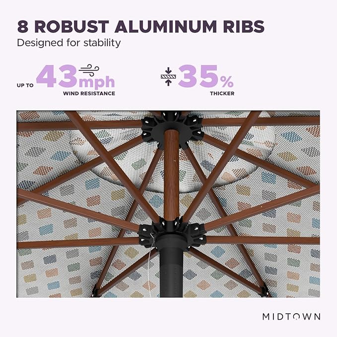 Midtown Umbrellas The Wooden 10 Feet Patio Umbrella With Sunbrella Infused Gem Acrylic Fabric - Aluminum Frame Market Umbrella For Backyard, Deck, Garden, Pool - Wooden Pole