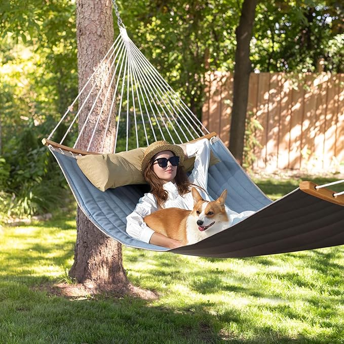 Double Hammock, 11 FT Quilted Fabric 2 Person Hammock for Outside with Pillow, Folding Curved Spreader Bar, Chains, Carrying Bag, Indoor Outdoor, 450 IB Capacity, JeansBlue