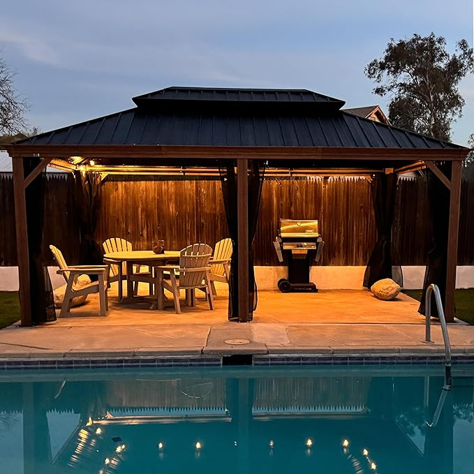 PURPLE LEAF 12' X 20' Outdoor Hardtop Gazebo for Patio Galvanized Steel Double Roof Permanent Canopy Teak Finish Coated Aluminum Frame Pavilion Gazebo with Netting and String Lights
