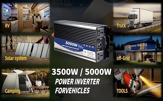 5000W Power Inverter 24V DC to 110V AC Converter with LED Display Dual AC Outlets Dual Fans Radiating for RV, Camp, Boat and Home Emergency Portable Pure Sine Wave Inverter (Smart Screen, 5000W 24V)