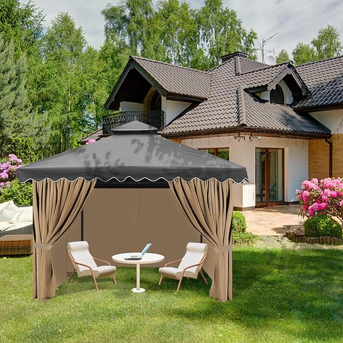 Gazebo Universal Replacement Privacy Curtain, 12'X14' Gazebo Curtains Outdoor Waterproof, 4-Panels Sidewall with Zipper for Patio, Garden and Backyard (Only Curtains, 12'X14', Beige)