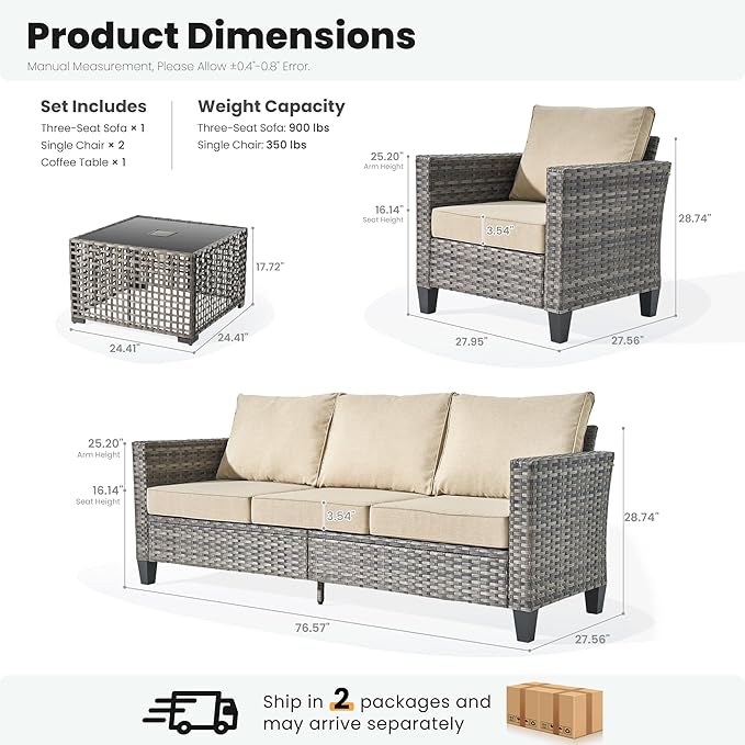 ovios 4 Pieces Patio Furniture Set Outdoor Sofa Couch with Solar Lights Table Comfy Cushions, Modern Deep Seat Wicker Rattan Conversation Set for Porch Deck, Beige