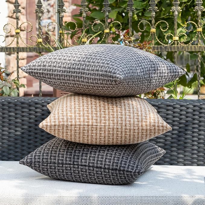 Kevin Textile Outdoor Waterproof Throw Pillow Covers Pack of 2 Weaving Texture Water Resistant Outside Decorative Cushion Covers for Garden Patio Tent Balcony Bench Couch Sofa 16x16 Inch, Light Brown