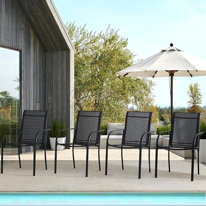 Patio Chairs Set of 8, Outdoor Dining Chairs with Breathable Textilene Fabric, Stackable Patio Chairs for Lawn, Garden, Backyard, Poolside, Black