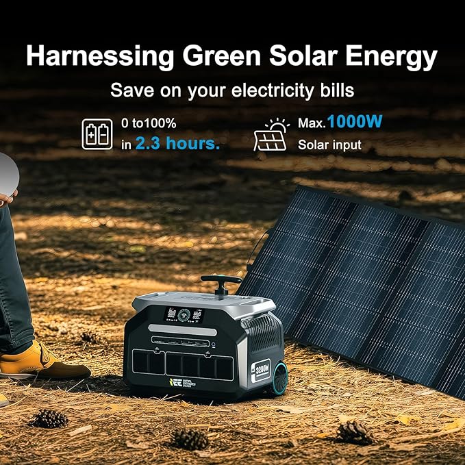 IEE 3200W Solar Generator P3200 with 500W Solar Panel, 2048Wh Portable Power Station, 1800W AC Charging, AC Outlets x 4, LiFePO4 Battery Power Station for Home Backup, Camping, RV, Emergency