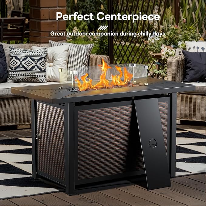 7 Pieces Patio Furniture Set with Fire Pit Table, Wicker Rattan Outdoor Furniture Set with Swivel Rocker Chairs for Yard, Deck, Garden, Yellow/Red