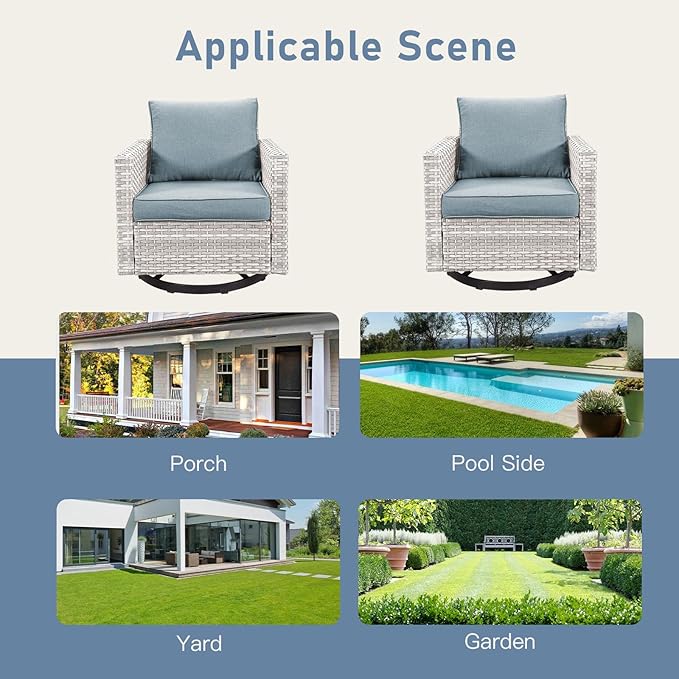 Luxury Outdoor Swivel Rocker Patio Chairs Set of 2, Swivel Patio Chairs for Porch, Yard, Deck, Poolside, Light Grey/Light Blue