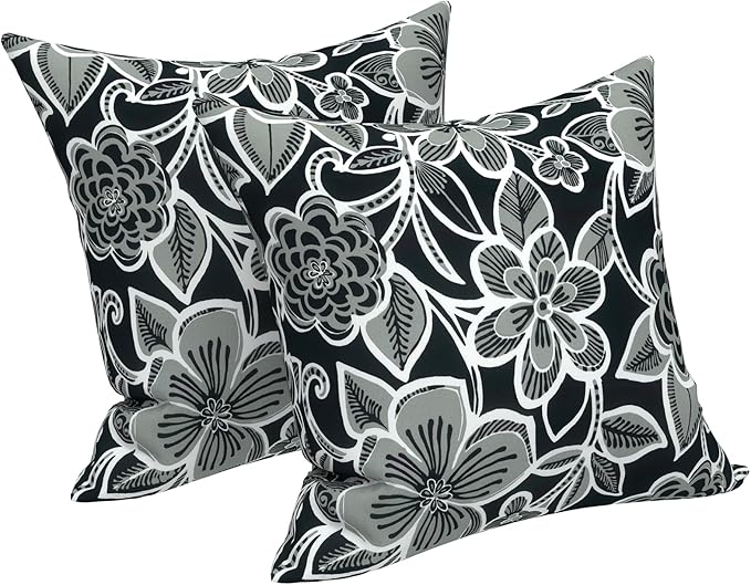 LVTXIII Outdoor Throw Pillow Covers 20 x 20 Inch, Covers ONLY Modern Cute Pattern Decorative Square Toss Pillow Case Pack of 2 for Home Patio Garden Sofa Bed Furniture, Flower Black
