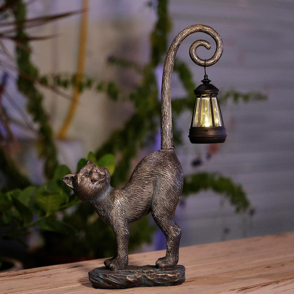 Solar Cat Outdoor Statues Halloween for Garden: Outdoor Decor Cat Figurine for Yard, Lawn, Patio, Porch, Balcony - Animal Art for Home Backyard - Birthday Gifts for Women Grandma Mom Sister