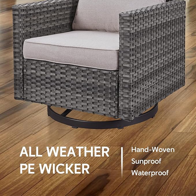 5 Piece Wicker Patio Furniture with Fire Pit Table - Outdoor Conversation Set with 50,000 BTU Fire Pit, All Weather Rattan Patio Set for Deck Backyard Garden - Grey Wicker Beige Cushion