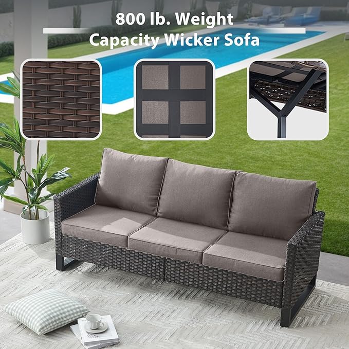5-Piece Wicker Patio Furniture with Fire Pit Table - Outdoor Conversation Set with 50,000 BTU Fire Pit, All-Weather Rattan Patio Set for Deck, Backyard, Garden - Brown Wicker, Grey Cushion