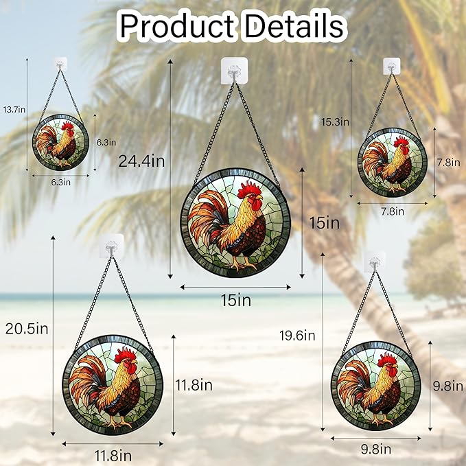 Stained Glass Window Hanging - Rooster Suncatcher for Doors Garden Patio Retro Colored Chicken Sun Catchers Decor Christmas Mother's Day Birthday Gifts for Women Men Mom Nana Friend 6.3 in