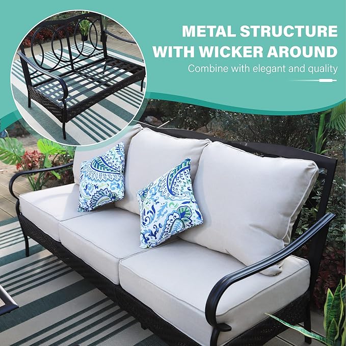 MFSTUDIO Outdoor Patio Furniture Set with 56" Fire Pit Table, 6 PCS Metal Patio Conversation Sets for 7, Patio Sectional Set with 3-Seat Sofa, 2 Ottoman, 2 Fixed Sofa Chairs, 1 Fire Pit Table