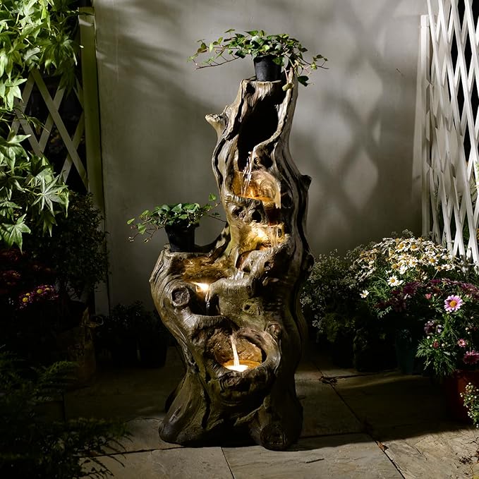 Water Fountain Outdoor 5-Tiers Large Cascading Realistic Tree Trunk Natural Waterfall Outdoor Fountain Resin Imitation Wood with LED Lights for Garden, Patio, Porch
