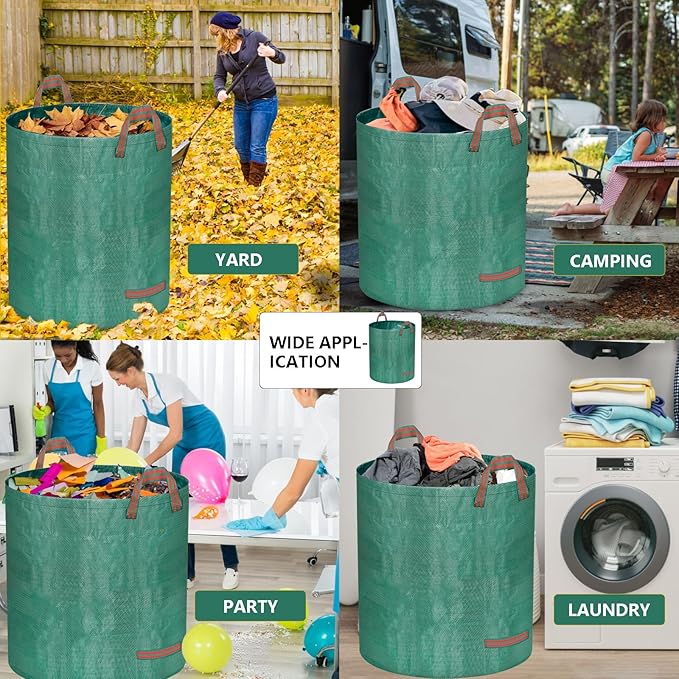 Reusable Yard Waste Bags – 3 Pack (2 x 272 Gallons + 1 x 16 Gallons), Heavy Duty Garden Leaf Bags with Reinforced Handles and Gardening Gloves for Lawn Cleanup, Debris, and Recycling