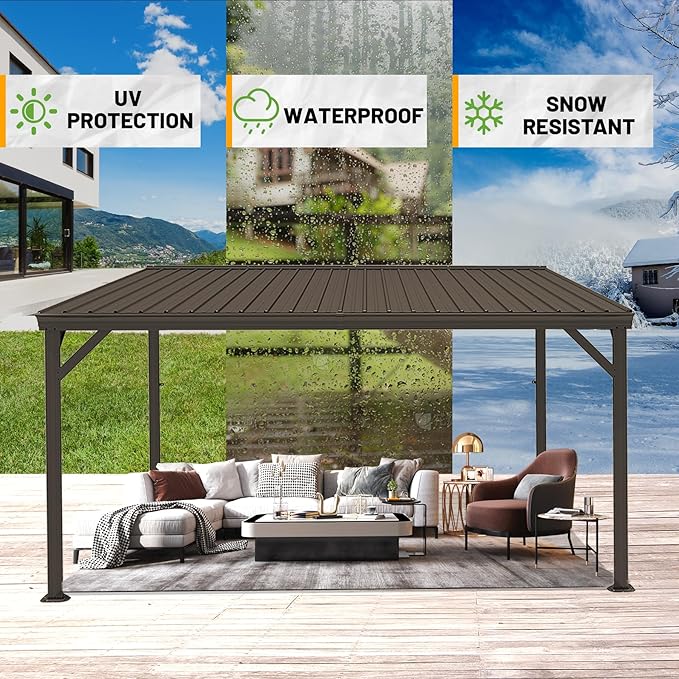 10x12FT Lean to Gazebo, Outdoor Hardtop Wall Mount Gazebo with Gutter & Sloping Galvanized Steel Roof, Metal Hard Top Awnings for Deck, Porch, Backyard-Brown