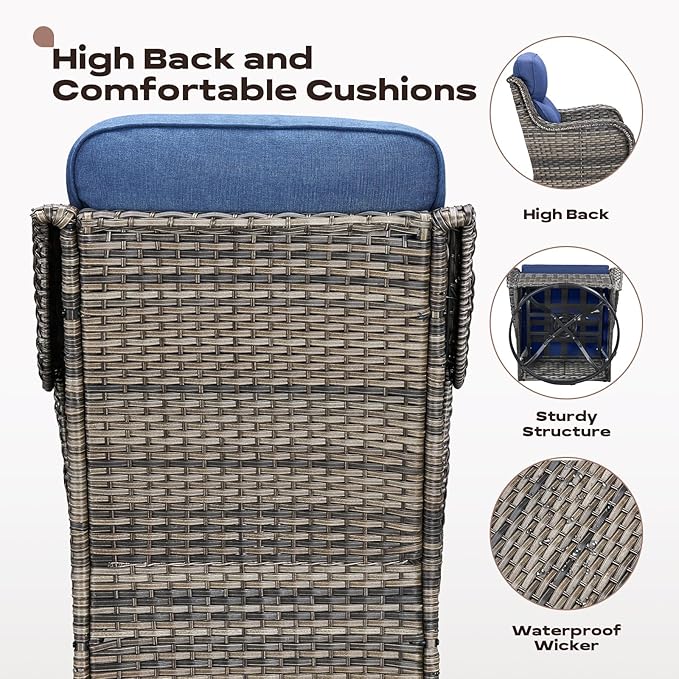 Rilyson Wicker Outdoor Patio Furniture Set - 5 Piece Patio Conversation Sets with Swivel Rocker Chairs, Ottomans and Sofa, 6 inch Cushions, Waterproof Wicker, for Porch Deck Mixed Grey/Blue