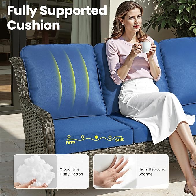 ovios 9 Pieces Patio Furniture Set, Outdoor Wicker Sofa Couch with Swivel Chairs Ottomans Comfy Cushions, High Back All Weather Modern Conversation Sets, Brown Rattan, Navy Blue