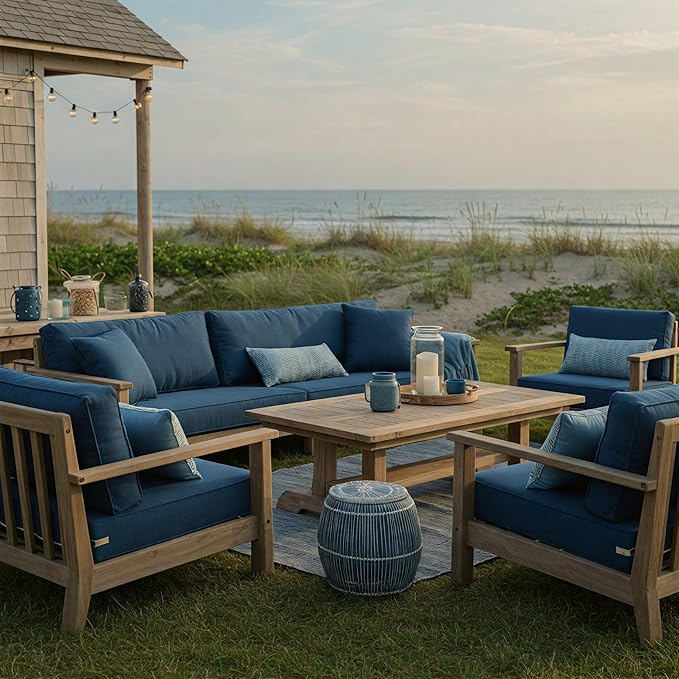 RSH DECOR: Deep Seating Cushion with Pillow Back | 23” x 26” Seat | All-Weather Spun Fabric | Water and Fade-Resistant | Outdoor Chair Cushion Set for Patio Furniture | Fenbrook Blue