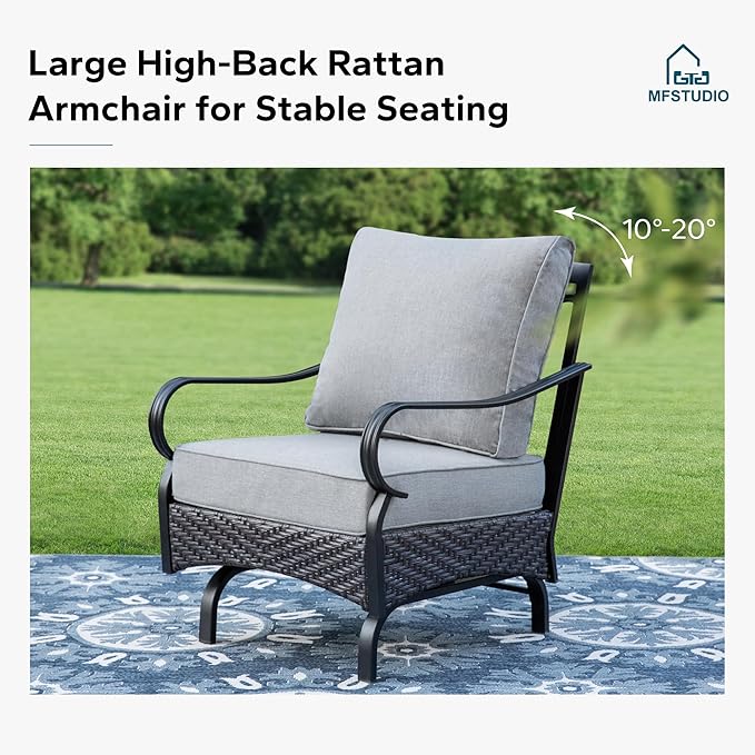 MFSTUDIO 5 Pieces Outdoor Patio Furniture Set, Metal Outdoor Conversation Sofa, Rattan Wicker Patio Sectional Sofa Set with 4 x Rocking Single Sofa, 1 x Fire Pit Table, Grey