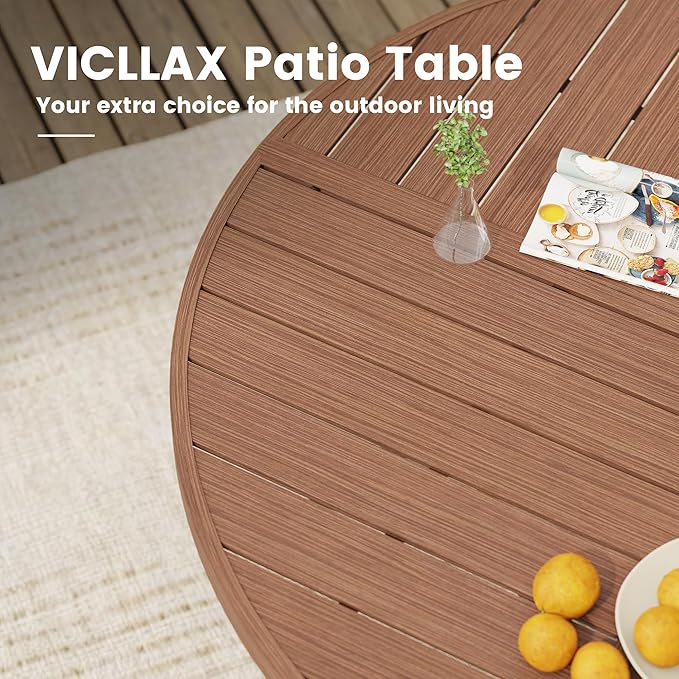 VICLLAX Outdoor Patio Round Dining Table, 54"x 54" Spliced Metal Tabletop for Deck Lawn Garden Backyard, Walnut