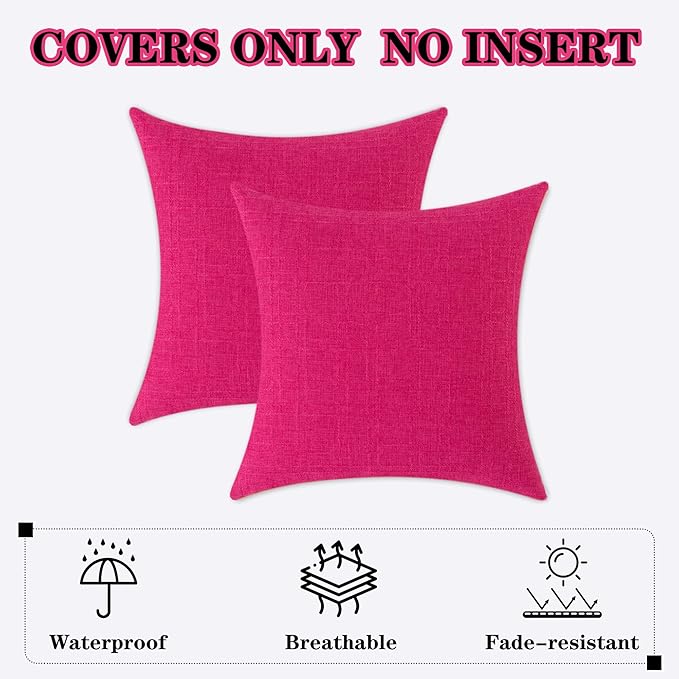 Kevin Textile Pack of 2 Waterproof Pillow Covers - Valentines Day Decorative Throw Covers for Patio Tent Bed Sofa Living Room - 16x16 Inch Hot Pink Checkered