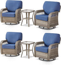 Patio Furniture Sets, 6 Pieces Wicker Outdoor Furniture with Patio Sidetables - 360 Degree Swivel Rocking Chairs and Rattan Side Table for Garden, Porch, Backyard, Blue/Gray Wicker