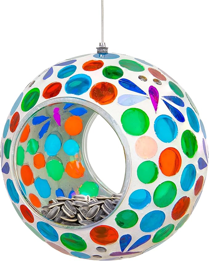 Sunnydaze 6-Inch Glass Mosaic Hanging Bird Feeder for Outdoors - Fly-Through Wild Bird Feeder - Dragonfly Dreams