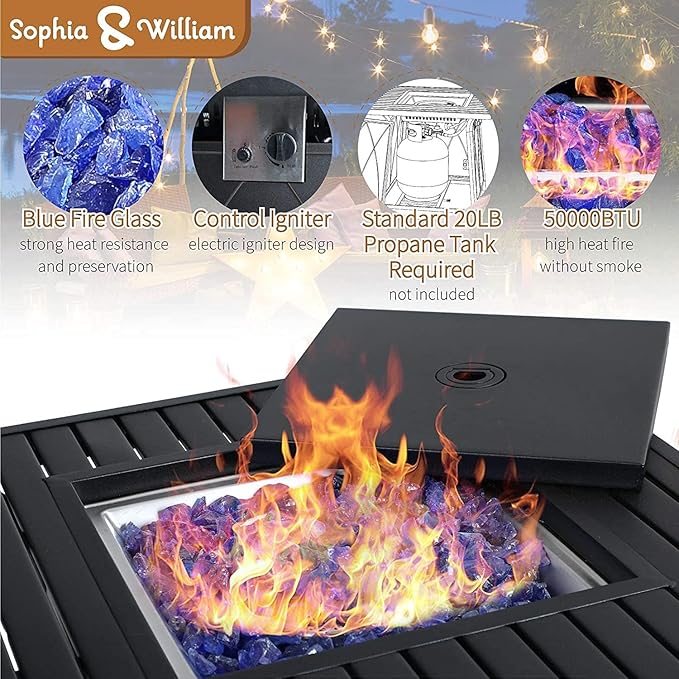 Sophia & William 5 Pieces Outdoor Dining Set with Fire Pit Table, Outdoor Patio Furniture Conversation Set with 4 Chairs & 50,000 BTU Square Propane Firepit Table for Porch Deck