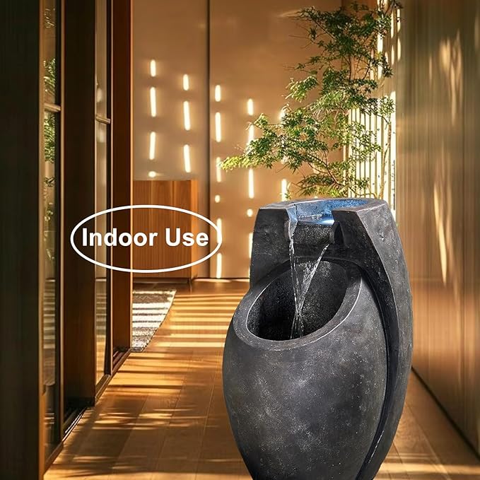 Backyard Water Fountain – 21.5” Tall Floor Standing Fountain, Indoor/Outdoor Modern Two-Tier Waterfall for Garden, Patio, or Yard Décor