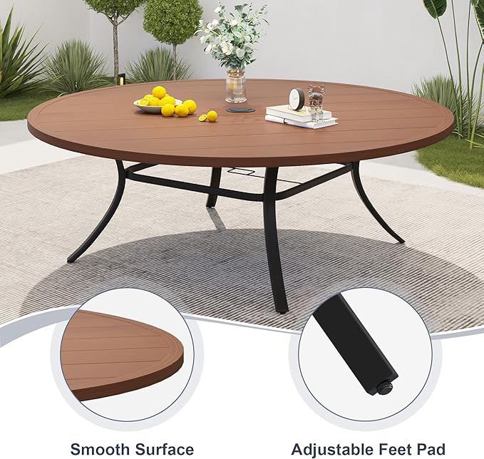 VICLLAX 60" Outdoor Round Patio Dining Table for 8-10, All Weather Metal Dining Table with Umbrella Hole for Deck Lawn Garden Backyard, Walnut